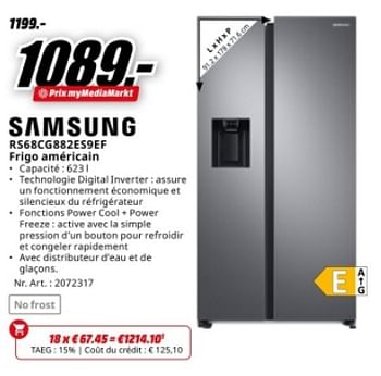 Promoties Samsung rs68cg882es9ef frigo américain - Samsung - Geldig van 17/06/2024 tot 30/06/2024 bij Media Markt