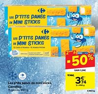 Promoties Les p’tits panés de mini sticks carrefour - Huismerk - Carrefour  - Geldig van 19/06/2024 tot 01/07/2024 bij Carrefour