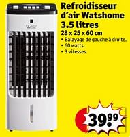 Promotions Refroidisseur d’air watshome 3.5 litres - Watshome - Valide de 18/06/2024 à 23/06/2024 chez Kruidvat