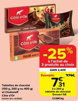 Promotions Tablette de chocolat dessert 58 - Cote D'Or - Valide de 19/06/2024 à 25/06/2024 chez Carrefour