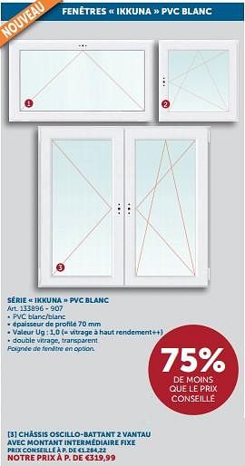 Promotions Fenêtre ikkuna - pvc wit châssis oscillo-battant 2 vantaux avec montant intermédiaire fixe - Produit maison - Zelfbouwmarkt - Valide de 18/06/2024 à 15/07/2024 chez Zelfbouwmarkt