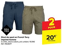 Promotions Short de sport en french terry imprimé homme - Tex - Valide de 19/06/2024 à 01/07/2024 chez Carrefour