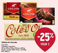 Promotions Tablette de chocolat lait - Cote D'Or - Valide de 20/06/2024 à 26/06/2024 chez Delhaize