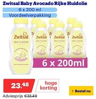 Promoties Zwitsal baby avocado rijke huidolie - Zwitsal - Geldig van 17/06/2024 tot 23/06/2024 bij Bol.com