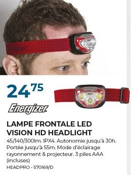 Promotions Lampe frontale led vision hd headlight - Energizer - Valide de 01/06/2024 à 31/07/2024 chez Group Meno