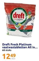 Promoties Dreft fresh platinum vaatwastabletten all in - Dreft - Geldig van 19/06/2024 tot 25/06/2024 bij Action
