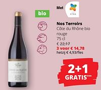 Promoties Nos terroirs côte du rhône bio rouge - Rode wijnen - Geldig van 20/06/2024 tot 03/07/2024 bij Spar (Colruytgroup)