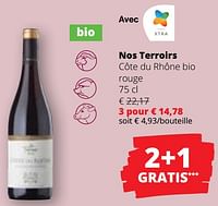 Promotions Nos terroirs côte du rhône bio rouge - Vins rouges - Valide de 20/06/2024 à 03/07/2024 chez Spar (Colruytgroup)
