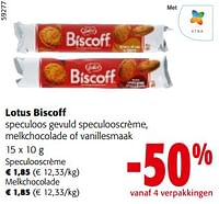 Promoties Lotus biscoff speculoos gevuld speculooscrème, melkchocolade of vanillesmaak - Lotus Bakeries - Geldig van 19/06/2024 tot 01/07/2024 bij Colruyt