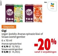 Promoties Gigi vegan ijssticks ananas-spinazie-kiwi of sinaas-wortel-gember - Gigi - Geldig van 19/06/2024 tot 01/07/2024 bij Colruyt