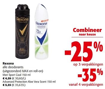 Promoties Rexona alle deodorants uitgezonderd max en roll-on - Rexona - Geldig van 19/06/2024 tot 01/07/2024 bij Colruyt