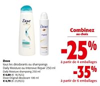 Promotions Dove tous les déodorants ou shampoings daily moisture ou intensive repair - Dove - Valide de 19/06/2024 à 01/07/2024 chez Colruyt