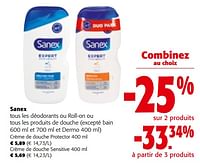 Promotions Sanex tous les déodorants ou roll-on ou tous les produits de douche et dermo - Sanex - Valide de 19/06/2024 à 01/07/2024 chez Colruyt
