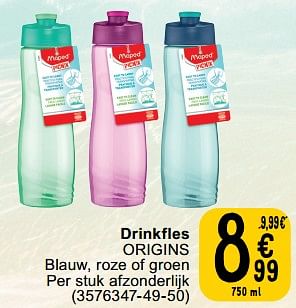 Promoties Drinkfles origins blauw, roze of groen - Huismerk - Cora - Geldig van 25/06/2024 tot 08/07/2025 bij Cora