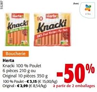 Promotions Herta knacki 100 % poulet ou original - Herta - Valide de 19/06/2024 à 01/07/2024 chez Colruyt