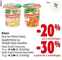 Promotions Knorr tous les pasta snack, spaghetteria ou teriyaki style noodles - Knorr - Valide de 19/06/2024 à 01/07/2024 chez Colruyt