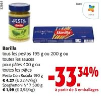 Promotions Barilla tous les pestos ou toutes les sauces pour pâtes ou toutes les pâtes - Barilla - Valide de 19/06/2024 à 01/07/2024 chez Colruyt
