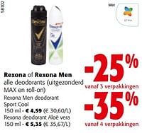 Promoties Rexona of rexona men alle deodorants - Rexona - Geldig van 19/06/2024 tot 01/07/2024 bij Colruyt