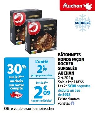 Promoties Bâtonnets ronds façon rocher surgelés auchan - Huismerk - Auchan - Geldig van 25/06/2024 tot 30/06/2024 bij Auchan