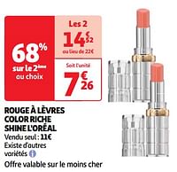 Promoties Rouge à lèvres color riche shine l`oréal - L'Oreal Paris - Geldig van 25/06/2024 tot 01/07/2024 bij Auchan