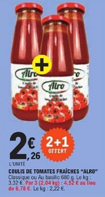 Promotions Coulis de tomates fraîches alro - Alro - Valide de 25/06/2024 à 06/07/2024 chez E.Leclerc
