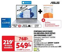 Portable asus s1605 pa-mb149w+ pack office 365 personnel 1 an