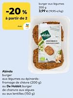 Promotions Abinda burger aux legumes - Abinda - Valide de 19/06/2024 à 16/07/2024 chez Bioplanet