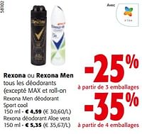 Promotions Rexona ou rexona men tous les déodorants - Rexona - Valide de 19/06/2024 à 01/07/2024 chez Colruyt