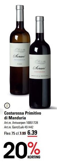Surani Costarossa Primitivo di Manduria-Rode wijnen