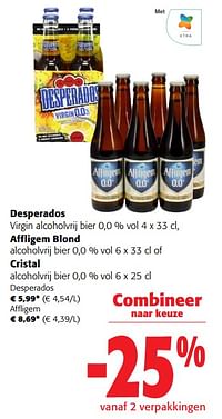 Desperados virgin alcoholvrij bier, affligem blond alcoholvrij bier of cristal alcoholvrij bier-Huismerk - Colruyt