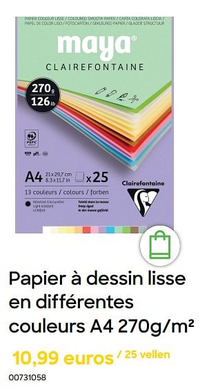 Promotions Papier à dessin lisse en différentes couleurs a4 - Clairefontaine - Valide de 19/07/2024 à 30/09/2024 chez Ava