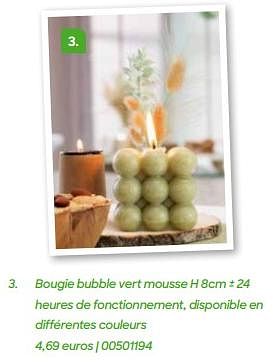 Promotions Bougie bubble vert mousse - Produit Maison - Ava - Valide de 20/07/2024 à 31/12/2024 chez Ava