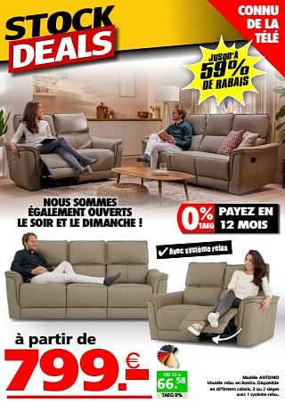 Promotions Modèle antonio - Produit maison - Seats and Sofas - Valide de 02/09/2024 à 30/09/2024 chez Seats and Sofas