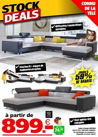 Promotions Salon d’angle boston - Produit maison - Seats and Sofas - Valide de 02/09/2024 à 30/09/2024 chez Seats and Sofas