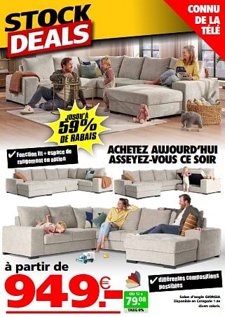 Promotions Salon d’angle giorgia - Produit maison - Seats and Sofas - Valide de 02/09/2024 à 30/09/2024 chez Seats and Sofas