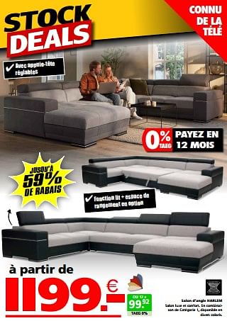 Promotions Salon d’angle harlem - Produit maison - Seats and Sofas - Valide de 02/09/2024 à 30/09/2024 chez Seats and Sofas