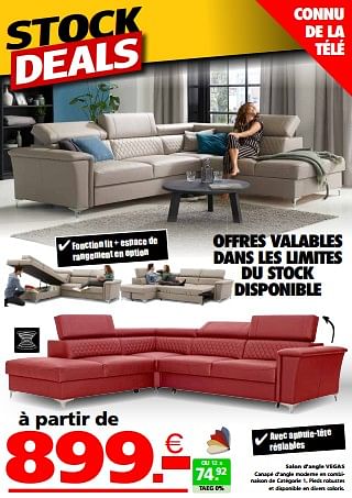 Promotions Salon d’angle vegas - Produit maison - Seats and Sofas - Valide de 02/09/2024 à 30/09/2024 chez Seats and Sofas