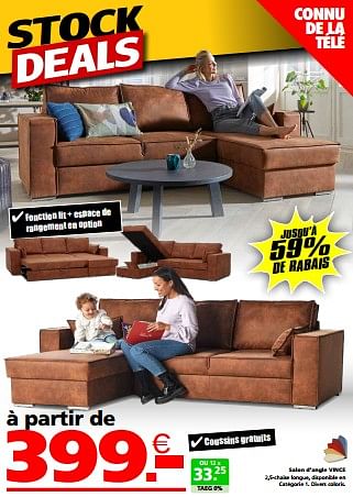 Promotions Salon d’angle vince - Produit maison - Seats and Sofas - Valide de 02/09/2024 à 30/09/2024 chez Seats and Sofas