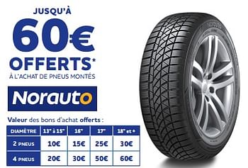 Promotions Jusqu’à 60€ offerts à l’achat de pneus montés - Norauto - Valide de 21/08/2024 à 08/10/2024 chez Auto 5