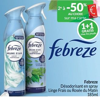 Promotions Febreze désodorisant en spray linge frais ou rosée du matin - Febreze - Valide de 01/09/2024 à 30/09/2024 chez Intermarche