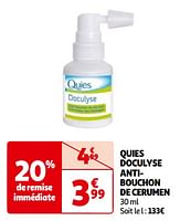 Promoties Quies doculyse antibouchon de cerumen - Quies - Geldig van 03/09/2024 tot 23/09/2024 bij Auchan