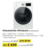 Promoties Wasmachine whirlpool w8 w946wb be - Whirlpool - Geldig van 01/09/2024 tot 30/09/2024 bij Molecule