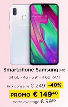 Promotions Smartphone samsung a40 - Samsung - Valide de 01/09/2024 à 30/09/2024 chez Molecule