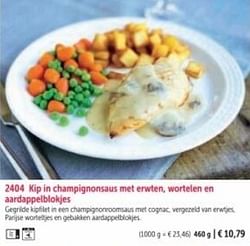 Kip in champignonsaus met erwten wortelen en aardappelblokjes