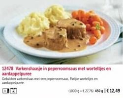 Varkenshaasje in peperroomsaus met worteltjes en aardappeipuree