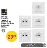 Promotions Lot de 5 prises terre + plaques de recouvrement diamond - Sencys - Valide de 04/09/2024 à 23/09/2024 chez Brico