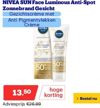 Promoties Nivea sun face luminous anti-spot zonnebrand gezicht - Nivea - Geldig van 02/09/2024 tot 08/09/2027 bij Bol.com