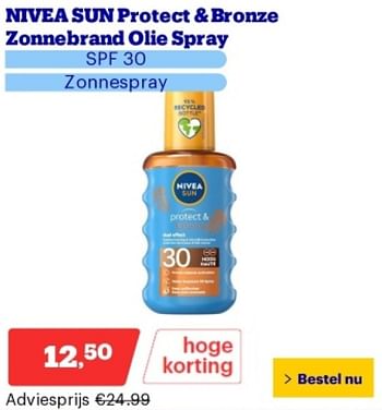 Promoties Nivea sun protect + bronze zonnebrand olie spray - Nivea - Geldig van 02/09/2024 tot 08/09/2027 bij Bol.com