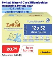 Promoties Zwitsal water + care billendoekjes met zachte zwitsal geur - Zwitsal - Geldig van 02/09/2024 tot 08/09/2027 bij Bol.com