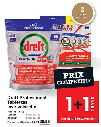 Promotions Dreft professional tablettes lave-vaisselle platinum plus - Dreft - Valide de 12/09/2024 à 30/09/2024 chez Sligro